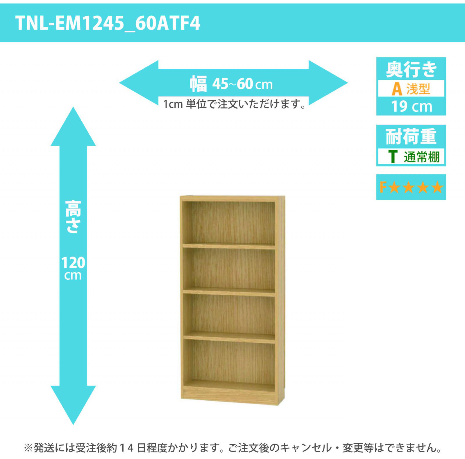 タナリオ　低ホルムアルデヒドタイプ　幅45cmから60cm　高さ120cm　奥行き19cm　棚耐荷重10kg　F４　[TNL-EM1245_60ATF4]